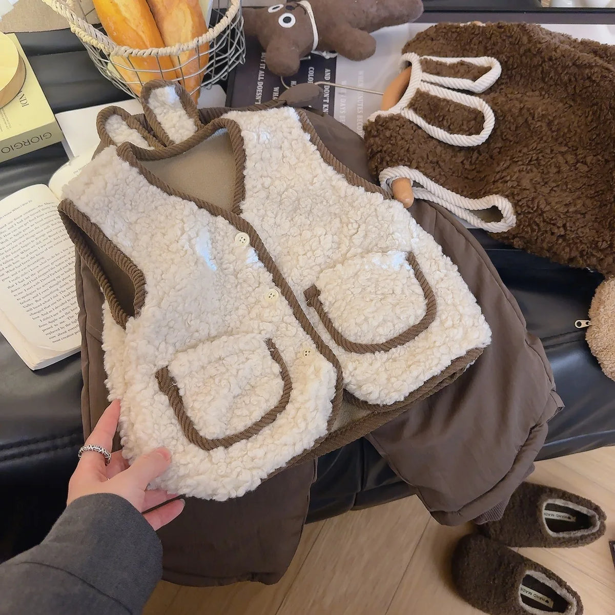 Autumn Winter Baby Lamb Wool Warm Waistcoat Girls Bunny Ears Plush Vest