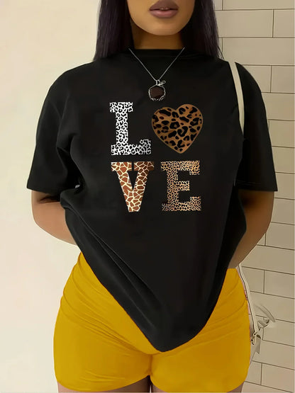 "Love" Leopard Heart Pattern T-shirt