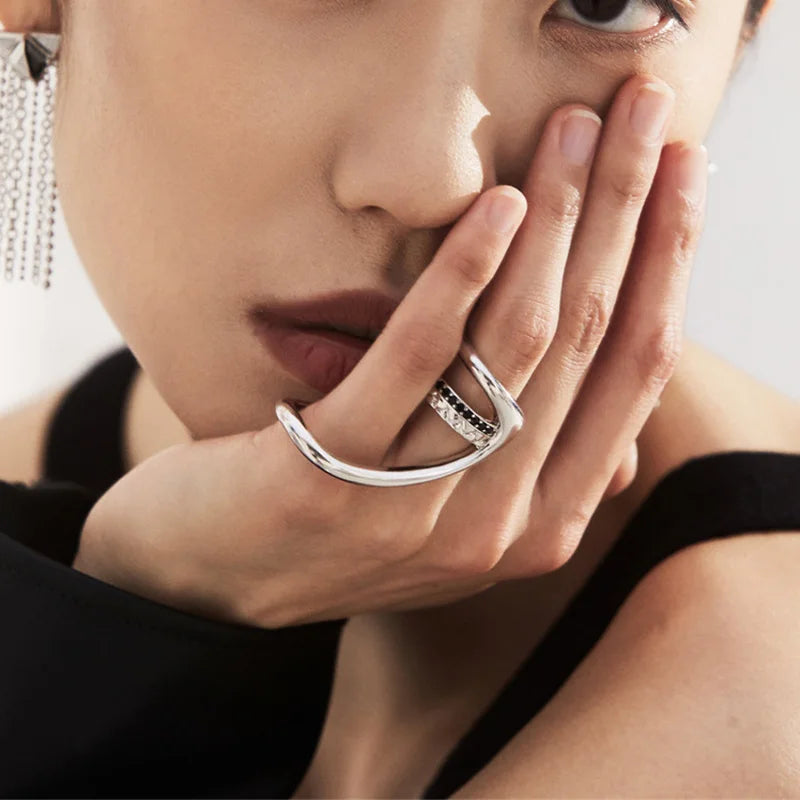 Silver Two-finger Hollow Geometric Couples Vintage Hip Hop Rings
