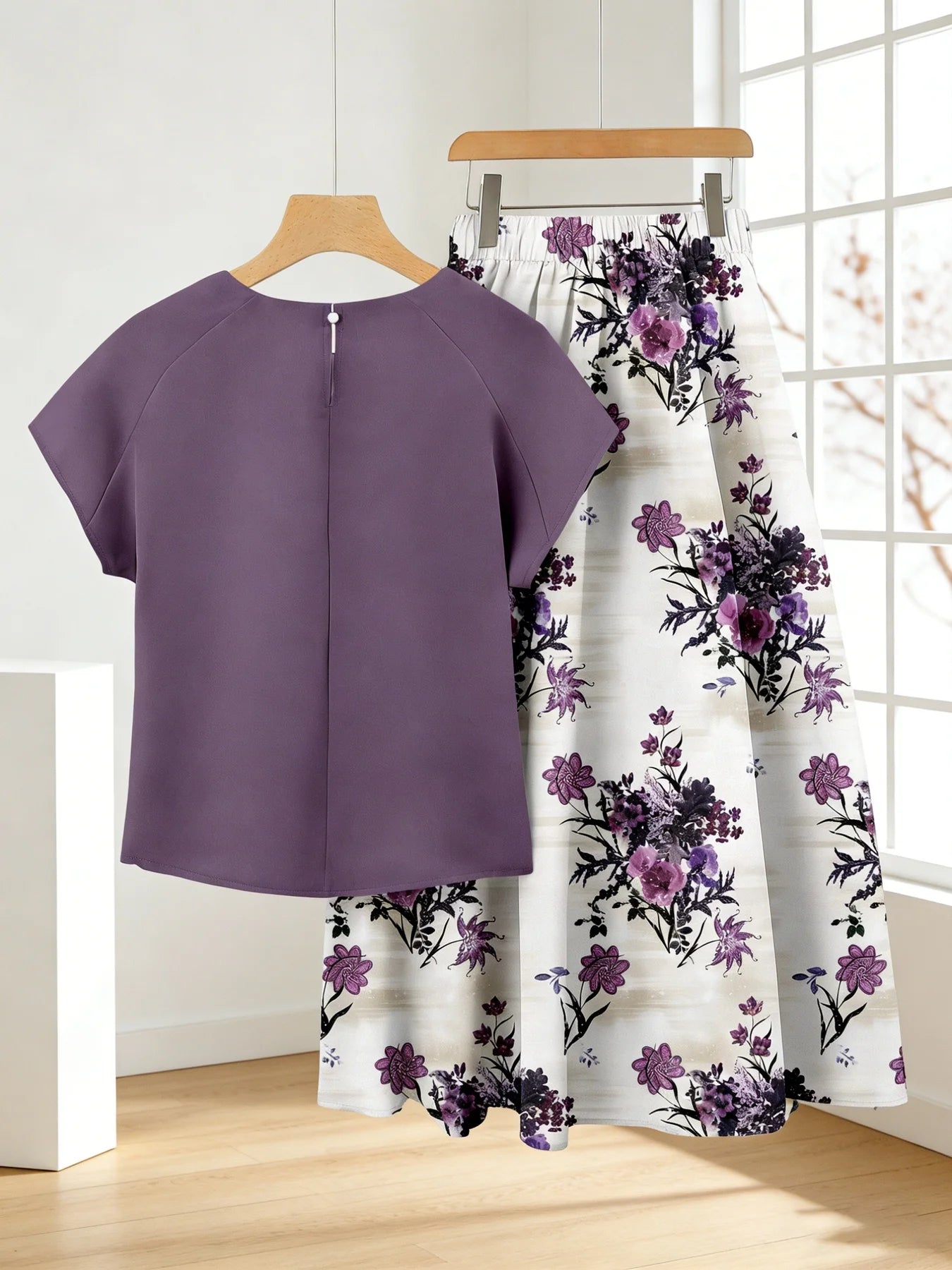 Plus Size Ink Purple Printed Short-Sleeved T-Shirt Set
