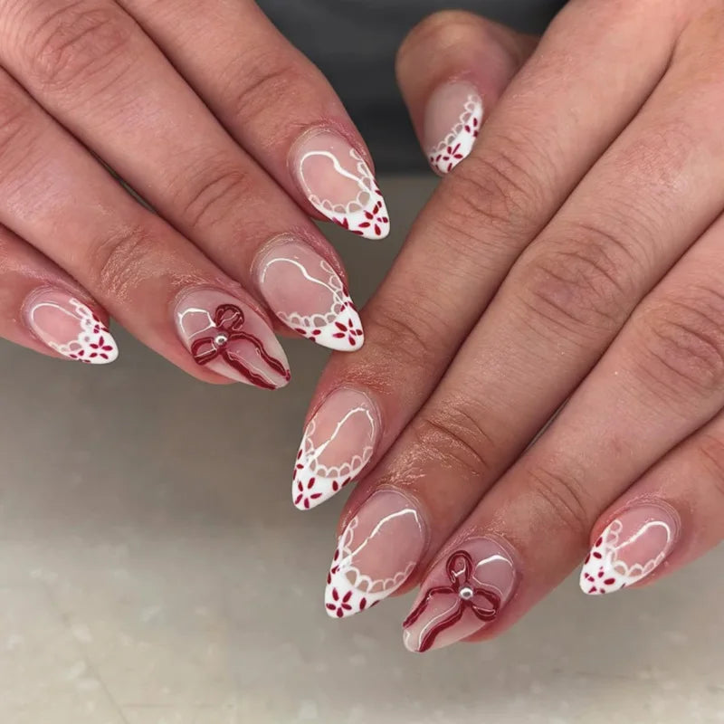 24pcs/Box Long Coffin False Nails Art Rose with Glue Wearable Jelly Nails