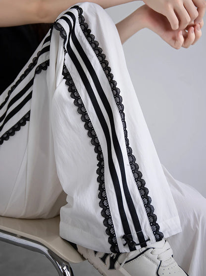 Korean Lace Patchwork Side Stripe Webbing Wide-Leg Pants