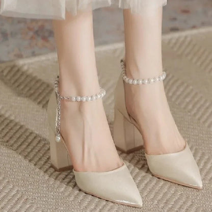 Elegant Pearl Satin Chunky Low Heel Shoes