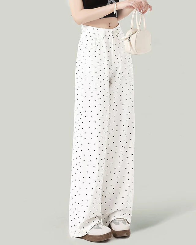 Wave Point Straight Leg Denim High Waist Trousers Jeans