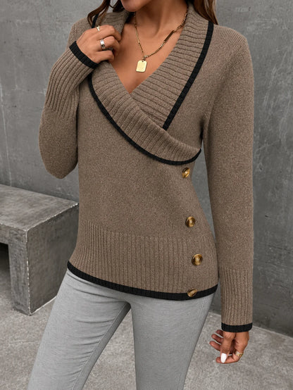 Color Blocking V-Neck Commuter Style Buttoned Long-Sleeved Knit Sweater