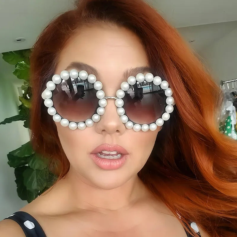 Luxury Pearl Metal Frame Round Sun glasses