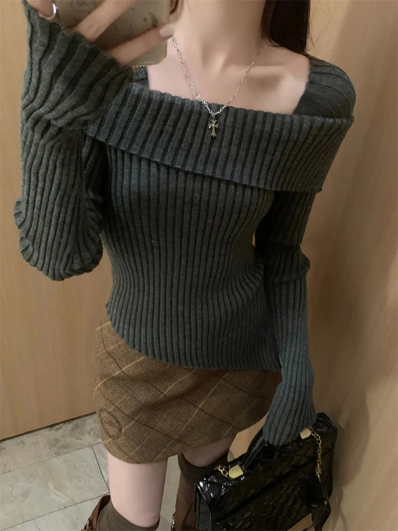Off Shoulder Sweater Long Sleeve Ribbed Knit Sweater Fitted Pullovers