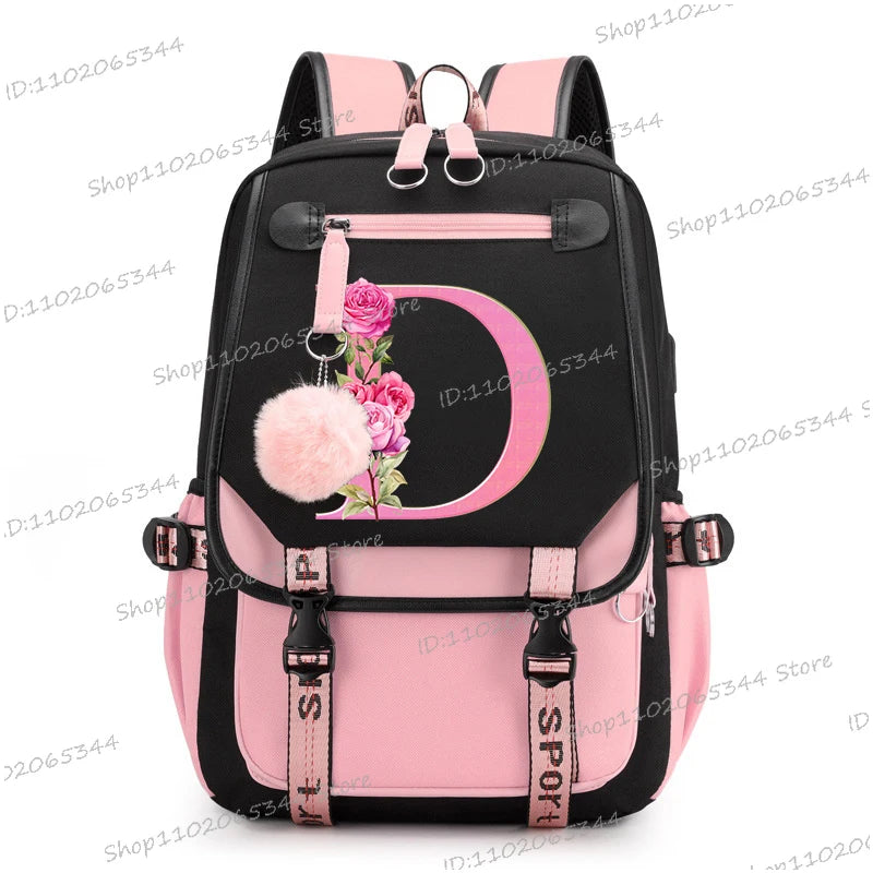 Black Pink Backpacks 26 Initials Flower A-Z Alphabet Large Capacity Students Bookbag