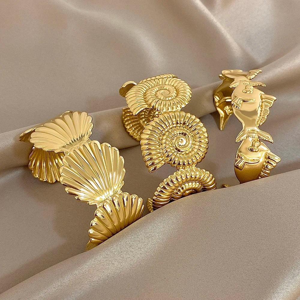 Gold Stainless Steel Open Exaggerated Fish Conch Shell Chunky Bangle Bracelets