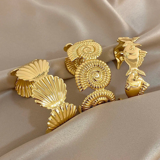 Gold Stainless Steel Open Exaggerated Fish Conch Shell Chunky Bangle Bracelets