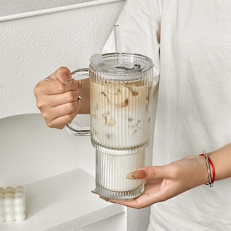 Vertical Striped Glass Cup With Handle Lid Straw Large Drinking Mug
