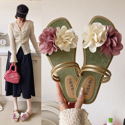Double Flower Lightweight Flat Bottom Cool Slippers