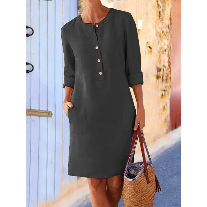 Casual Long Sleeve Cotton And Linen Tunic Dress
