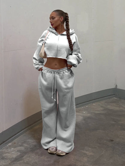 Zip-up Cropped Sweatshirt and Long Pants Casual Hoodies Sweatpants Set