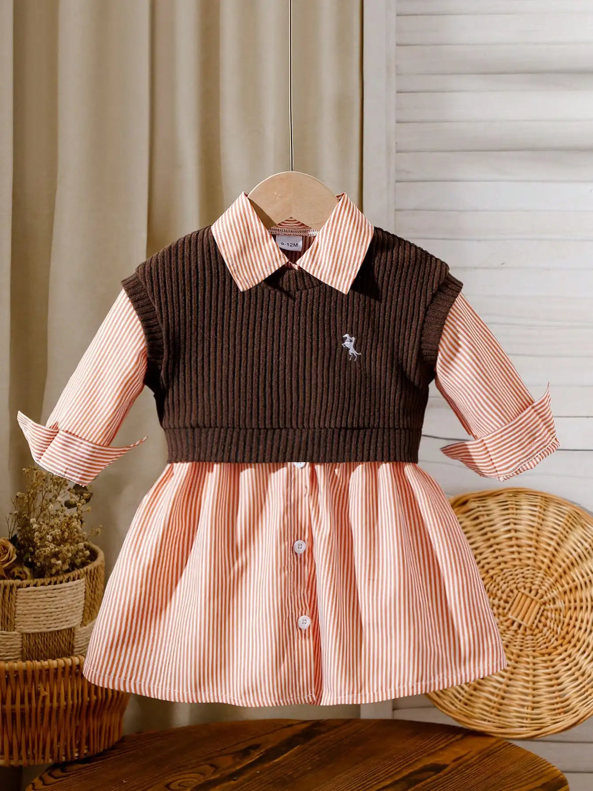 Baby girl embroidered vest and striped long-sleeved shirt dress