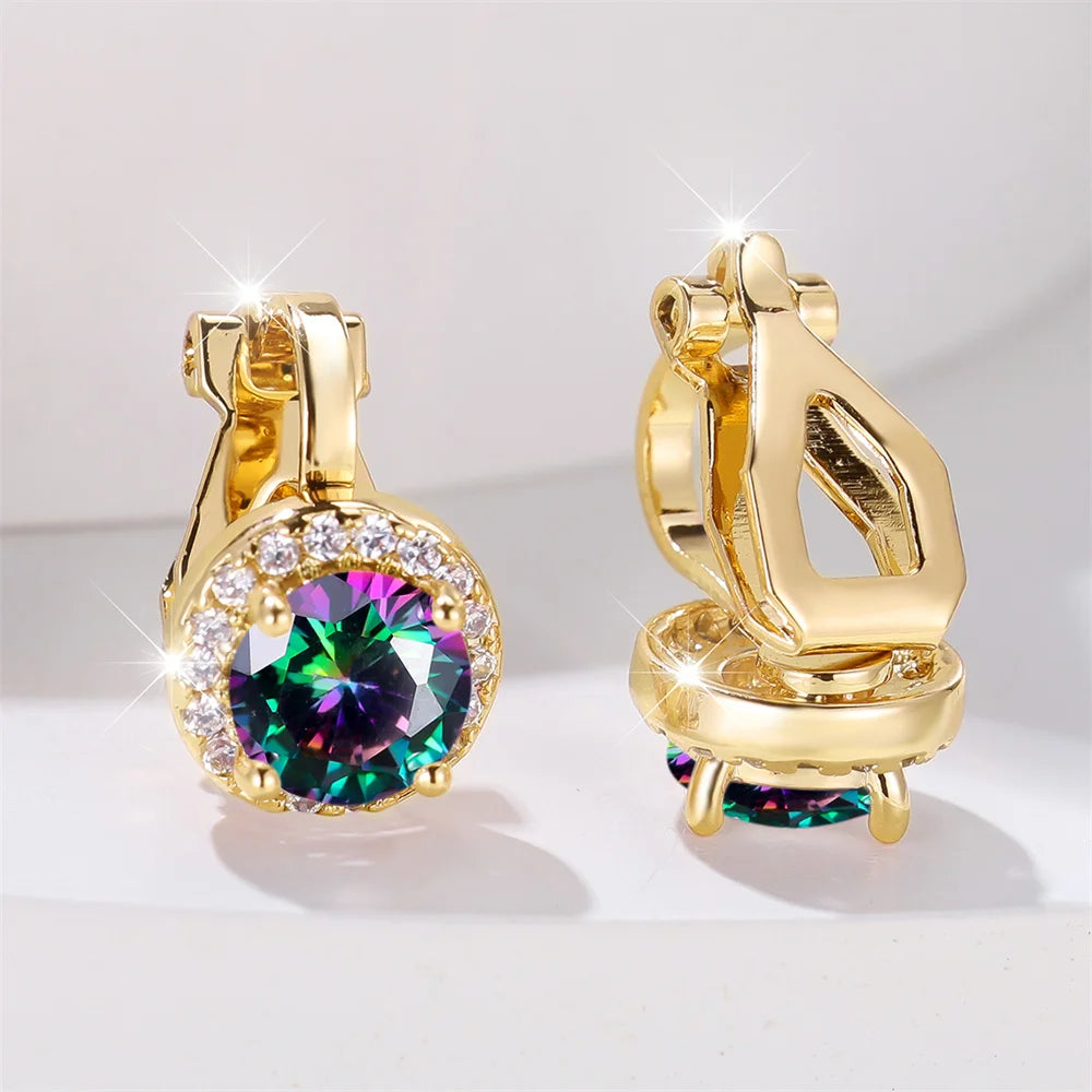 Mystic Rainbow Crystal Round Stone Clip Earrings