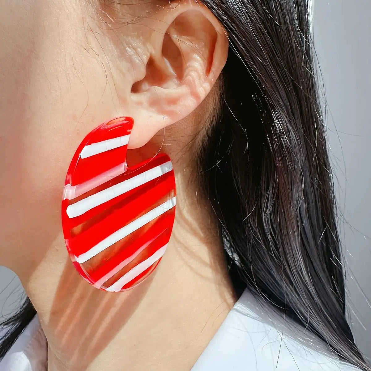 Red Striped Large Circular Acrylic Hoop Geometric Acetate Stud Earring Earrings