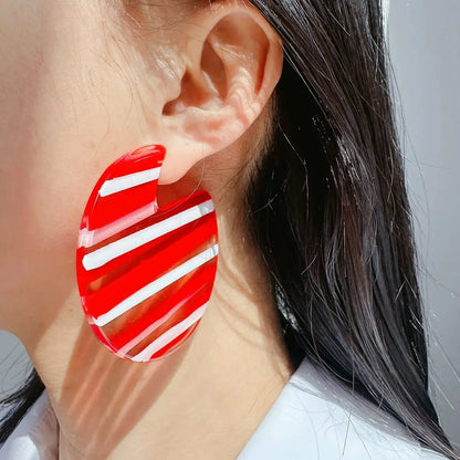 Red Striped Large Circular Acrylic Hoop Geometric Acetate Stud Earring Earrings