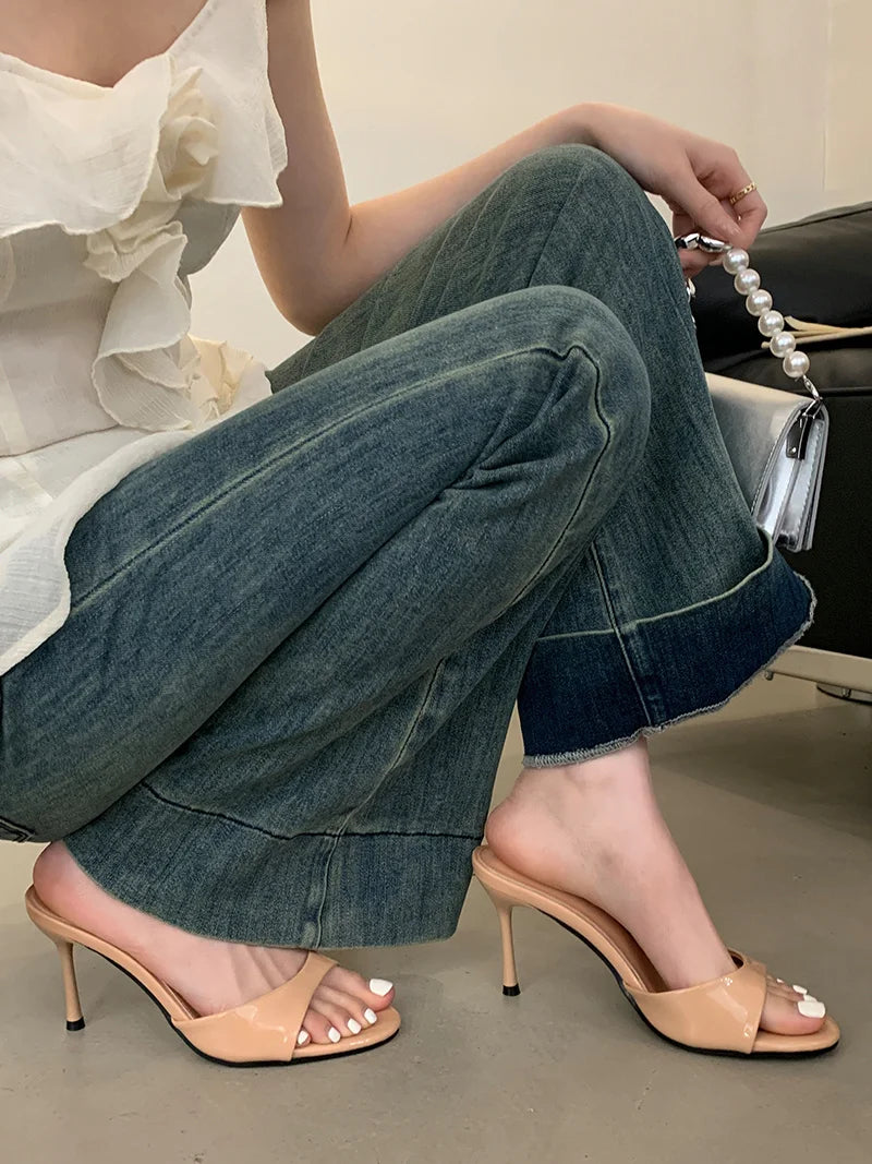 Leather Open Toe Thin High Heels Slipper