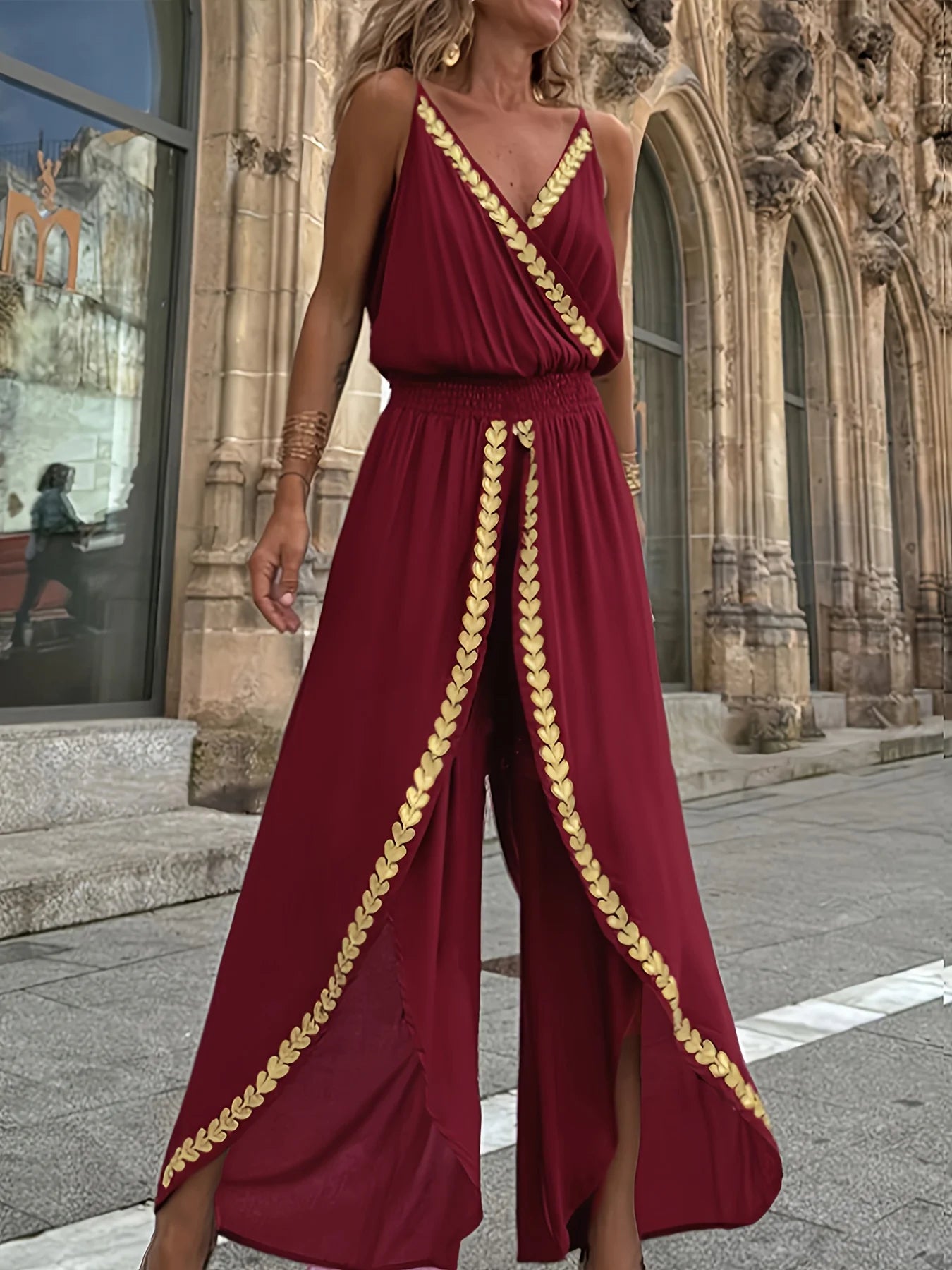 Casual Purple Gold Embellished Jumpsuit