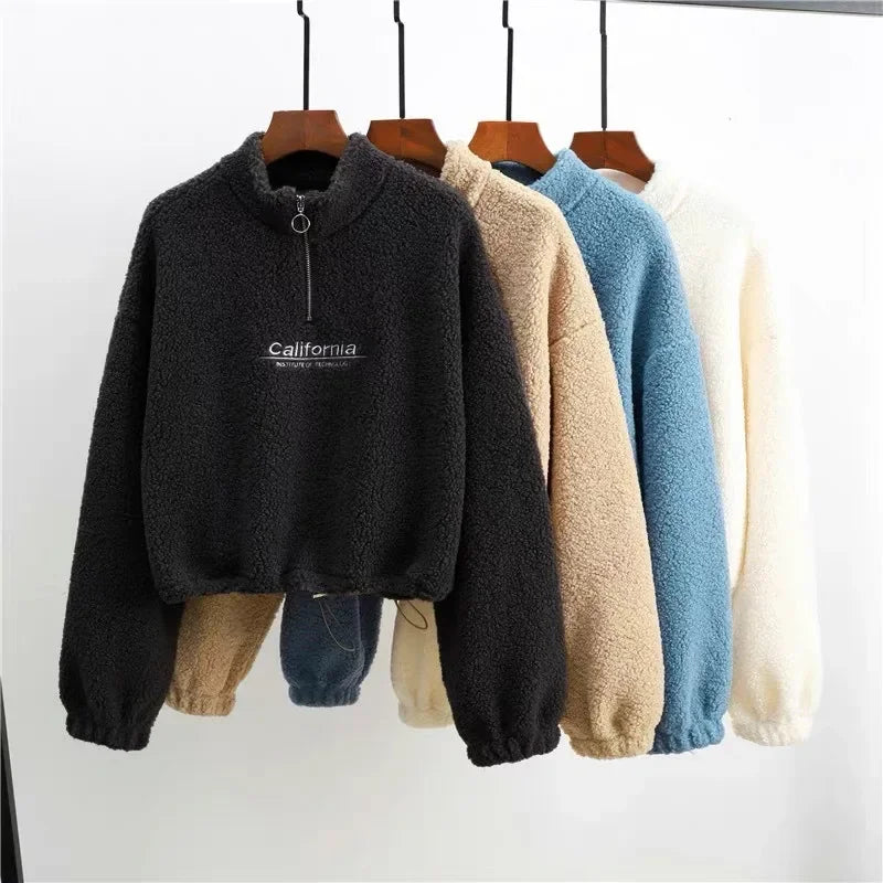 Letter Embroidery Stand Neck Fleece Long Sleeve Pullover
