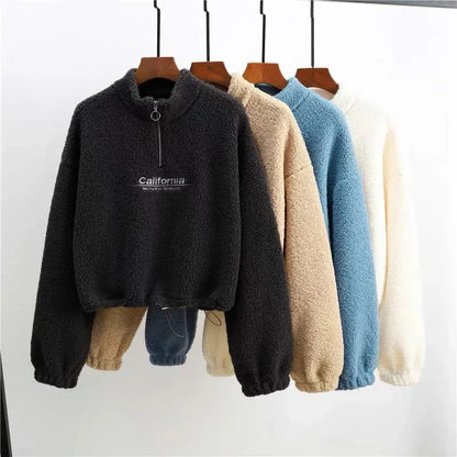 Letter Embroidery Stand Neck Fleece Long Sleeve Pullover