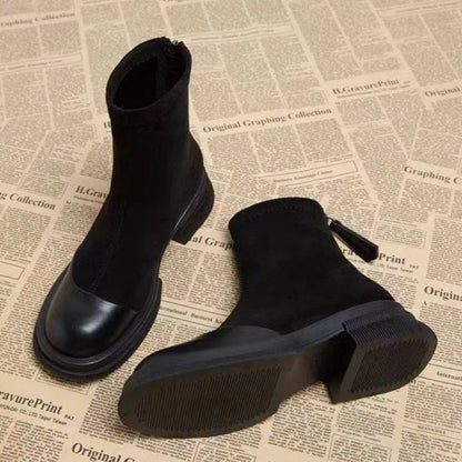 Patchwork Suede Ankle Boots Back Zipper Chunky Platform Heel Short Boots