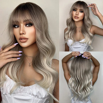 Long Natural Wavy Platinum Blonde Wigs