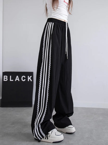 Korean Lace Patchwork Side Stripe Webbing Wide-Leg Pants
