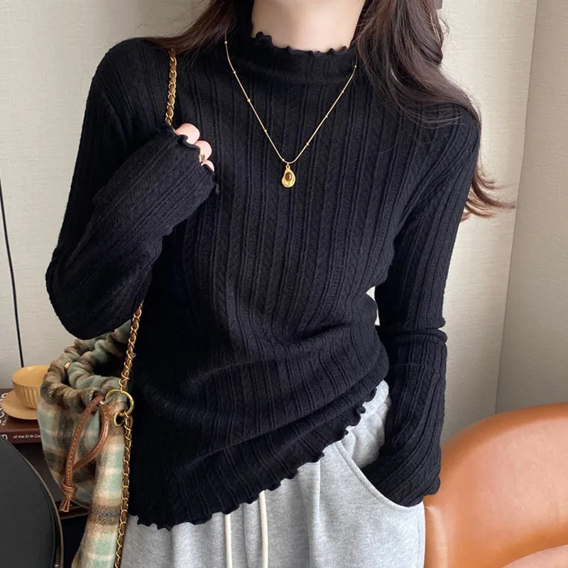 Knitted Sweater Long Sleeve Mock Neck White Knit Sweater Pullover