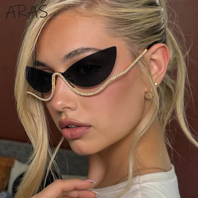 Sexy Cat Eye Rimless Luxury Brand Rhinestone Sun Glasses