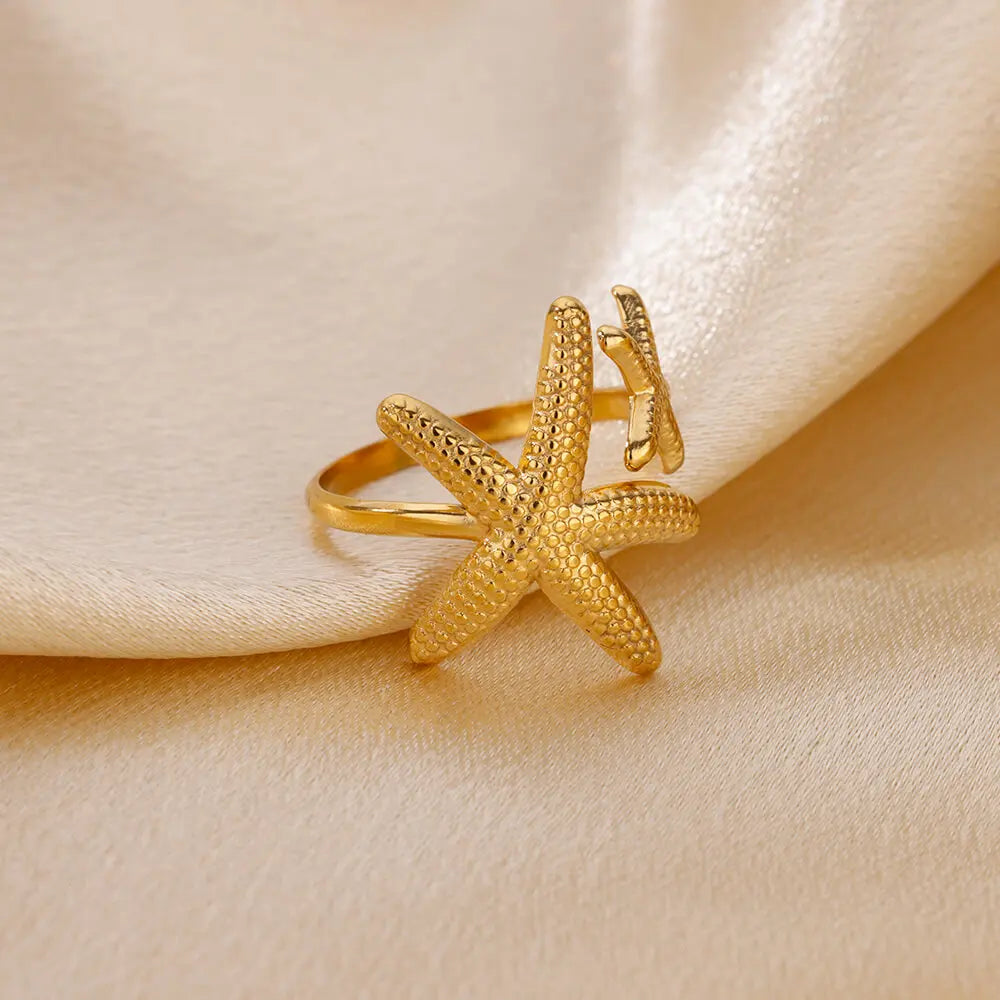 Stainless Steel Starfish Open Rings Gold Geometric Adjustable Ring