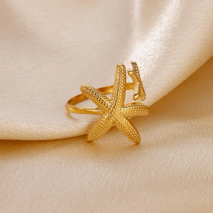 Stainless Steel Starfish Open Rings Gold Geometric Adjustable Ring