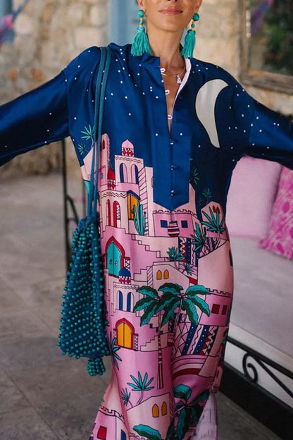 Vintage Satin Print Long Dress