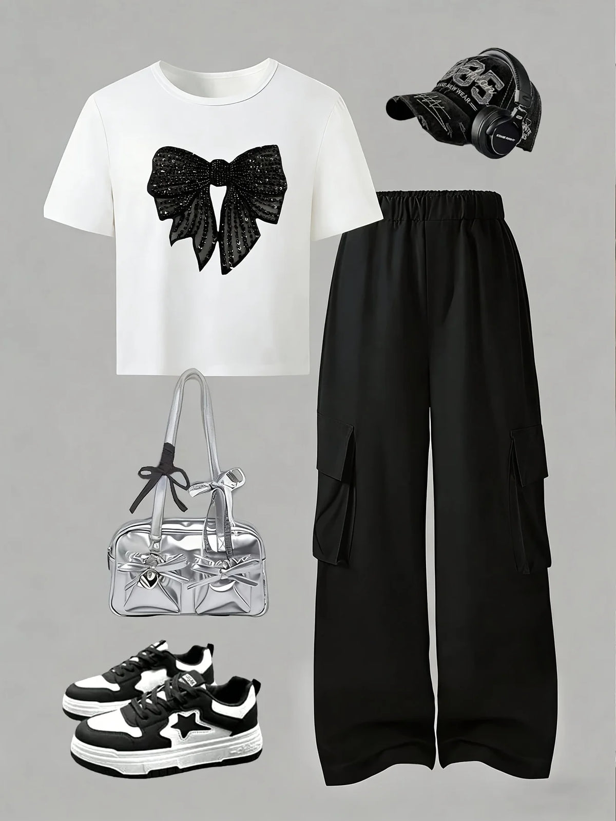 Casual stylish sporty knit crop top featuring sequin and bow prints Set