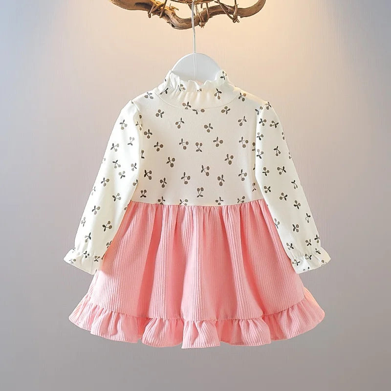 Kid Girl Long Sleeve Floral Lovely Bear Corduroy Strap Style Dress
