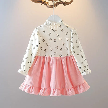 Kid Girl Long Sleeve Floral Lovely Bear Corduroy Strap Style Dress