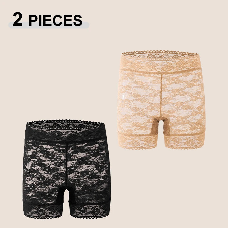 2Pcs/Set Lace Sexy Floral High Waist Transparent Boxers Short