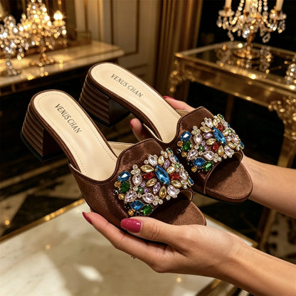 Luxury Multicolor Rhinestone Blue Heel Mules Black Satin Open Toe Slip