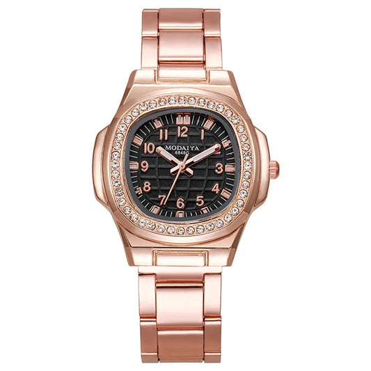 Luxury Digital Diamond Studded Quartz Rose Gold Stainless Steel Strap Watch