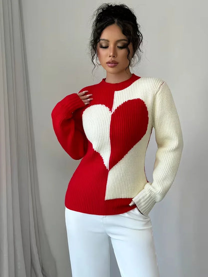 Colour-Block Heart Pattern Knitted Round Neck Long-Sleeve Casual Sweaters