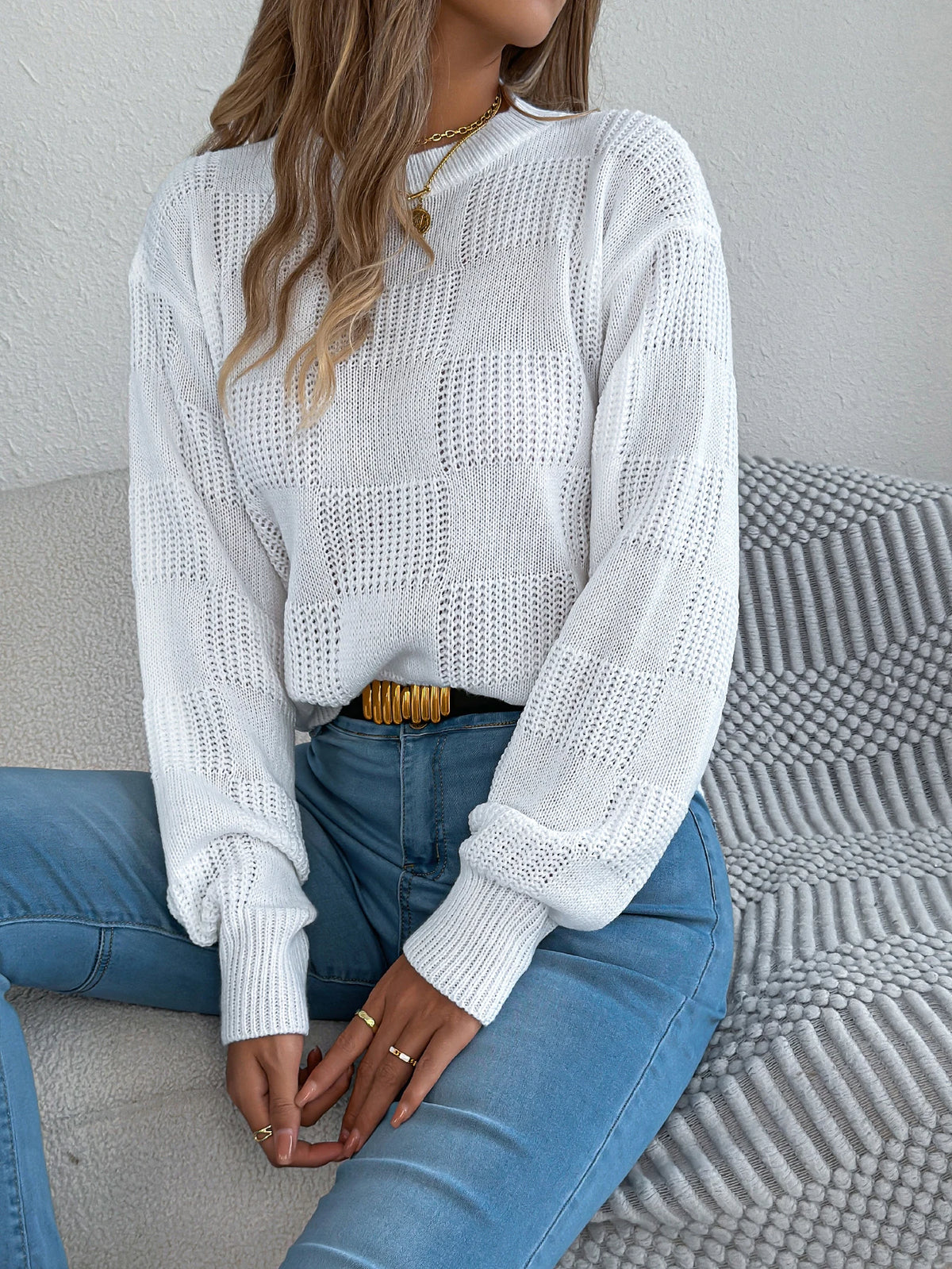 Solid Plaid Round Neck Long Sleeve Knit Cozy Sweaters
