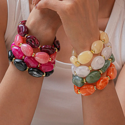 Colorful Marbled Irregular Oval Bead Elastic Bracelets