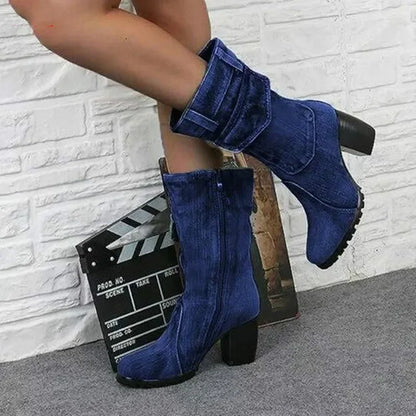 Cowboy Pointed Denim Casual Temperament High Heels Boots