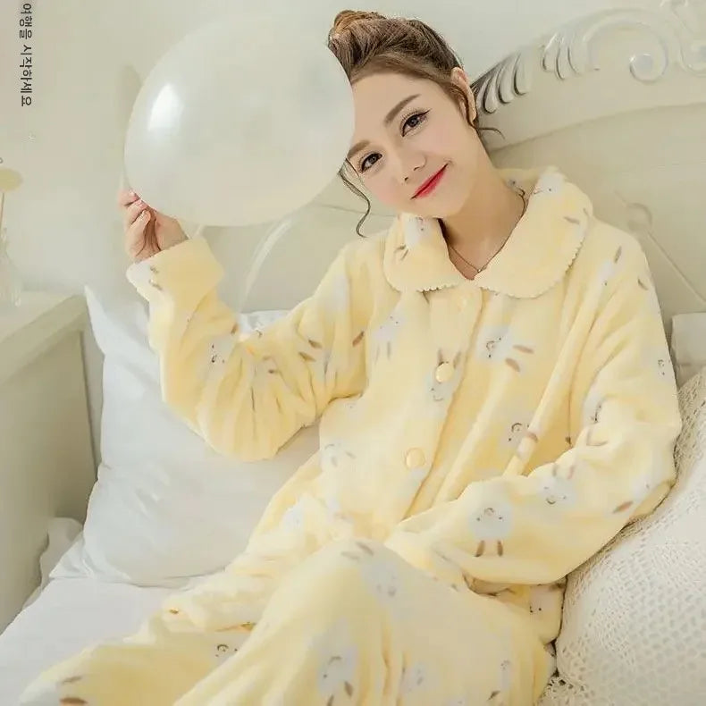 Thickened Flannel Coral Fleece Sleepwear Long Sleeve Pajama Sets
