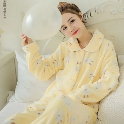 Thickened Flannel Coral Fleece Sleepwear Long Sleeve Pajama Sets