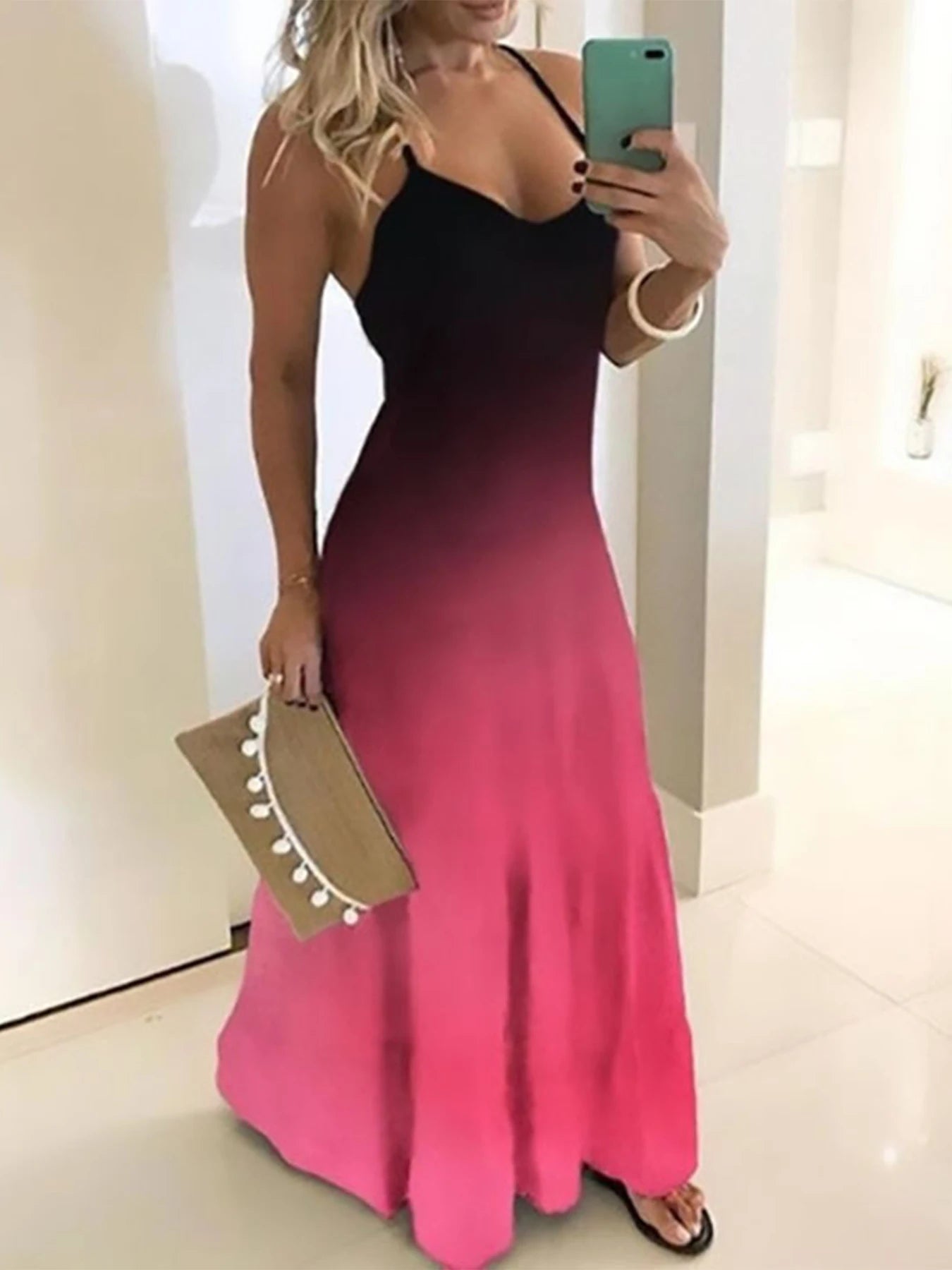 Slimming Slim Fit Base Floral Spaghetti Strap Dress