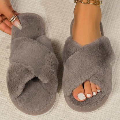 Cross Band Fur Fluffy Slipper
