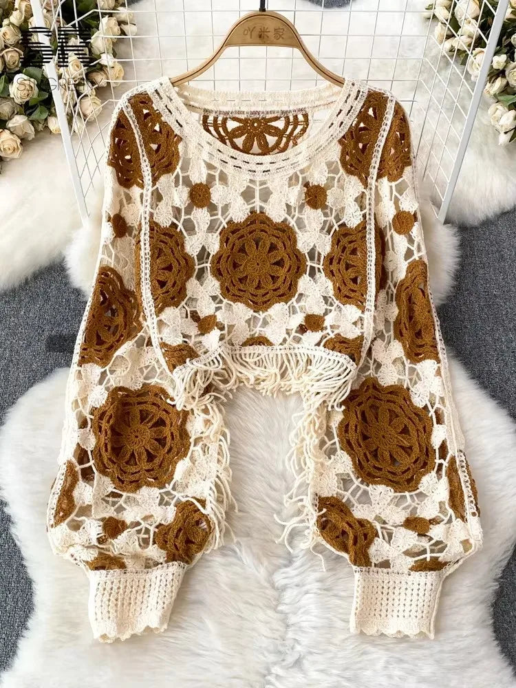 Granny Square Top Fringed Crochet Knitted Top Batwing Sleeve Pullover Sweater