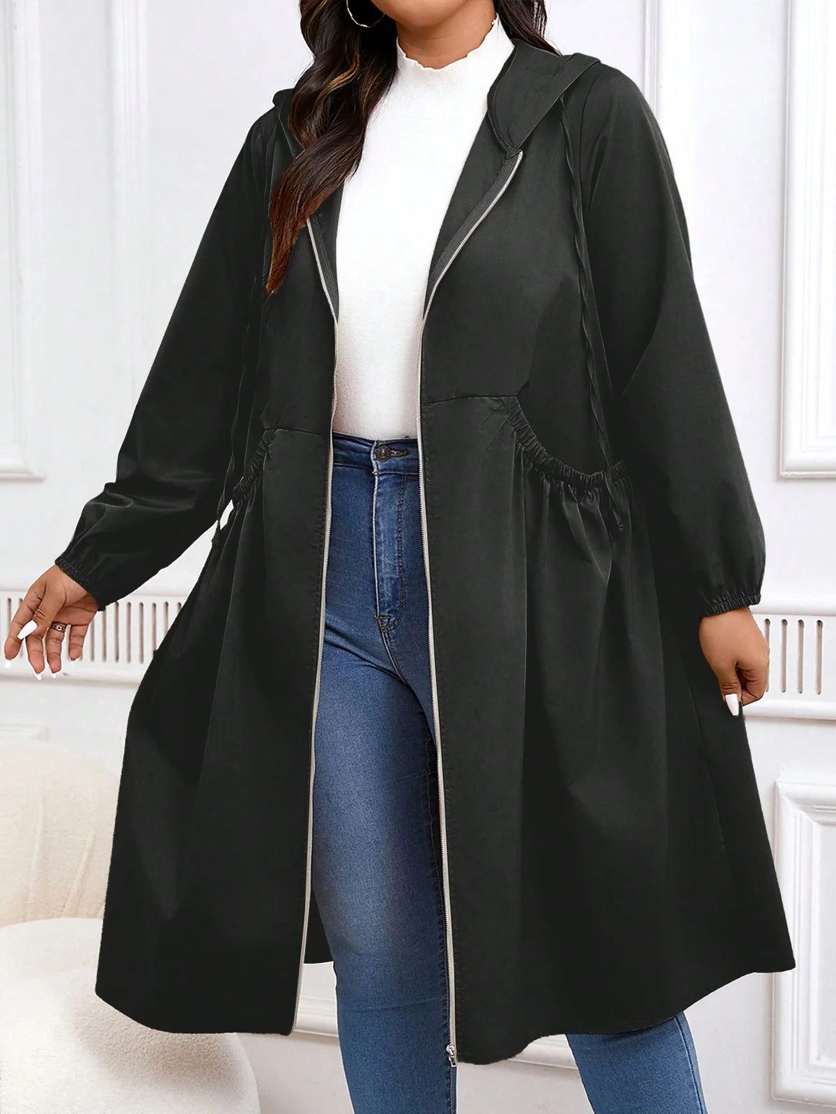 Plus Size Zip Up Hooded Casual Long Sleeve Coat